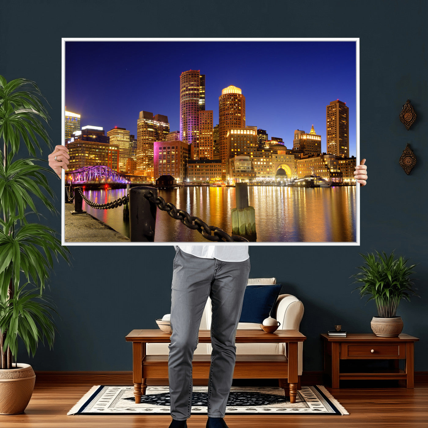 56611117-MGV-CV-36X24 - Boston Wall Art Canvas Print, Boston City Downtown Night Cityscape Print for Modern Urban Wall Decor