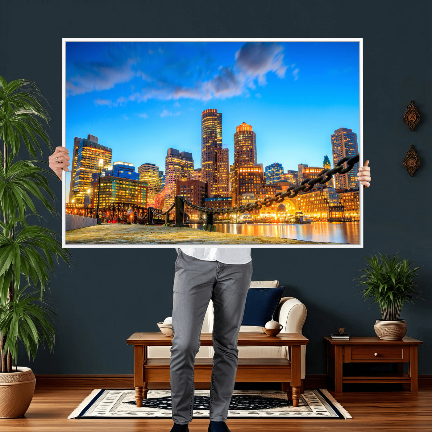 46736409-MGV-CV-36X24 - Boston Wall Art Canvas Print, Boston City Downtown Night Cityscape Print for Modern Urban Wall Decor
