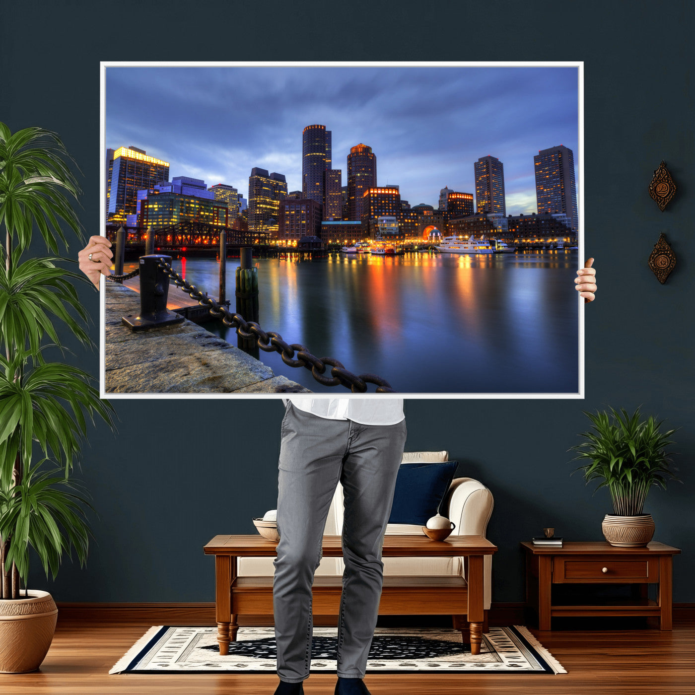 82439622-MGV-CV-36X24 - Boston Wall Art Canvas Print, Boston City Downtown Night Cityscape Print for Modern Urban Wall Decor