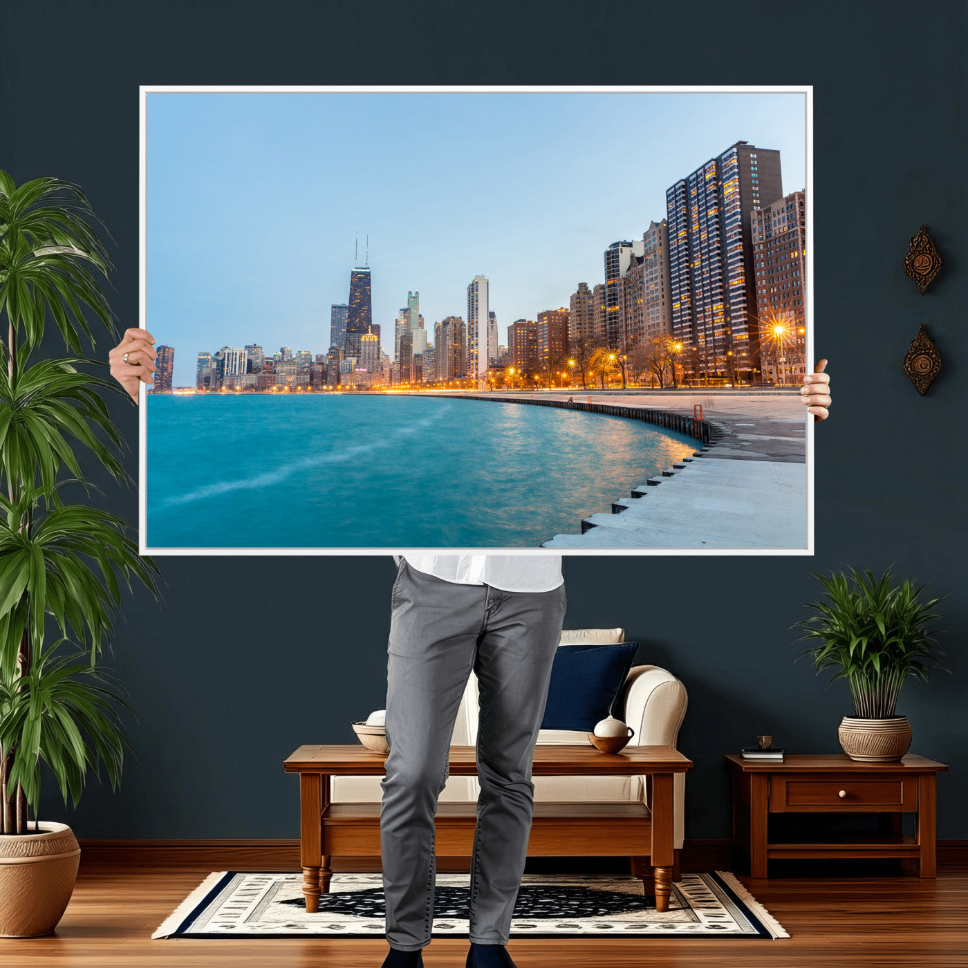 66780141-MGV-CV-36X24 - Chicago Wall Art Canvas Print, Chicago City Downtown Night Cityscape Print for Modern Urban Wall Decor