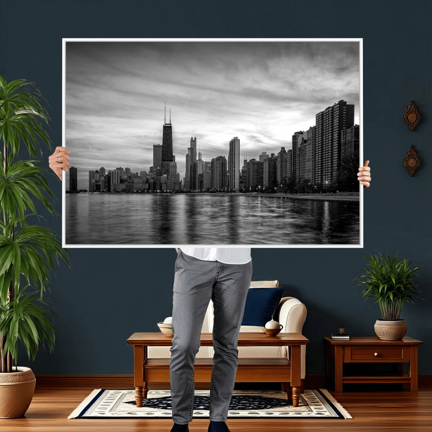 74552581-MGV-CV-36X24 - Chicago Wall Art Canvas Print, Chicago City Downtown Night Cityscape Print for Modern Urban Wall Decor