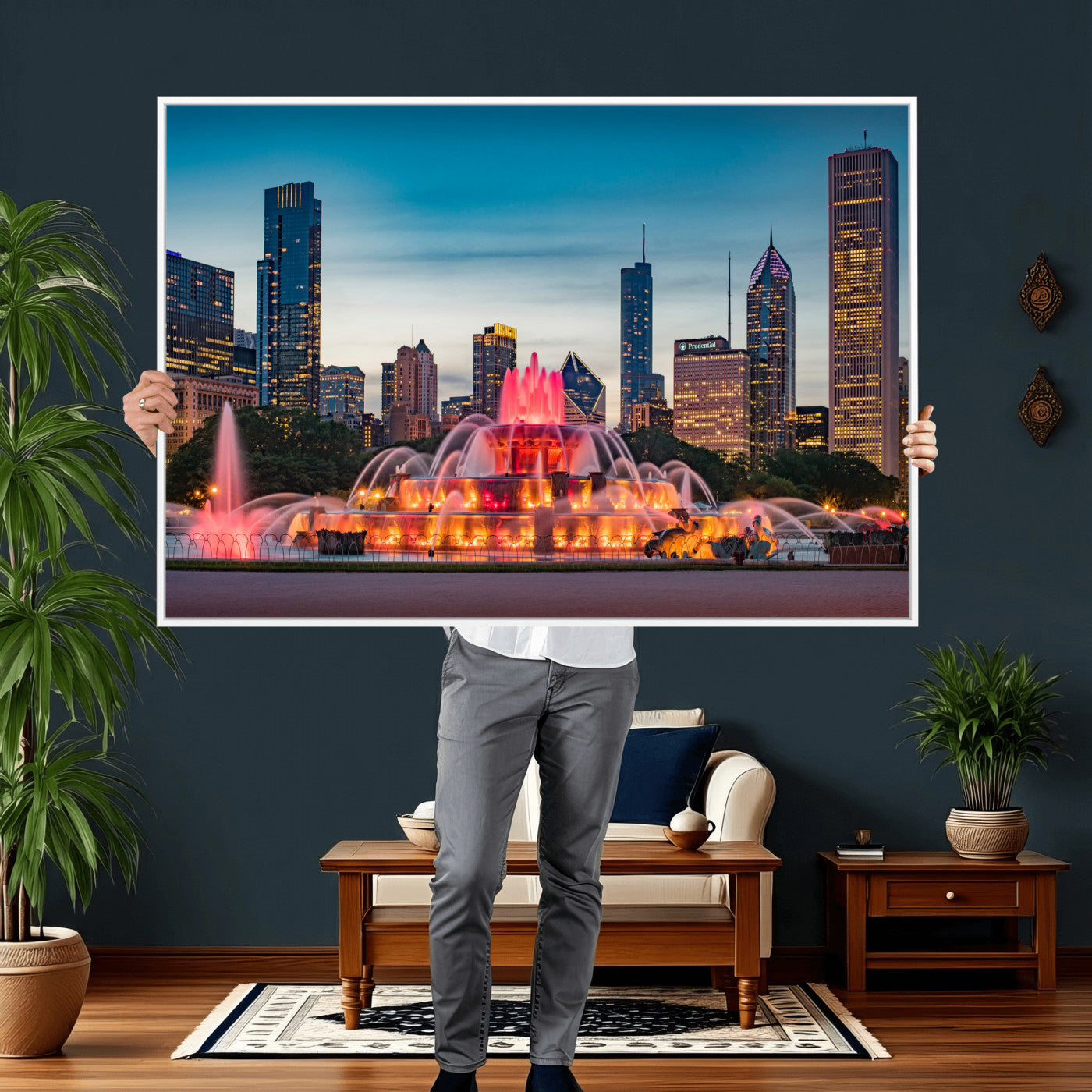 46805285-MGV-CV-36X24 - Chicago Wall Art Canvas Print, Chicago City Downtown Night Cityscape Print for Modern Urban Wall Decor