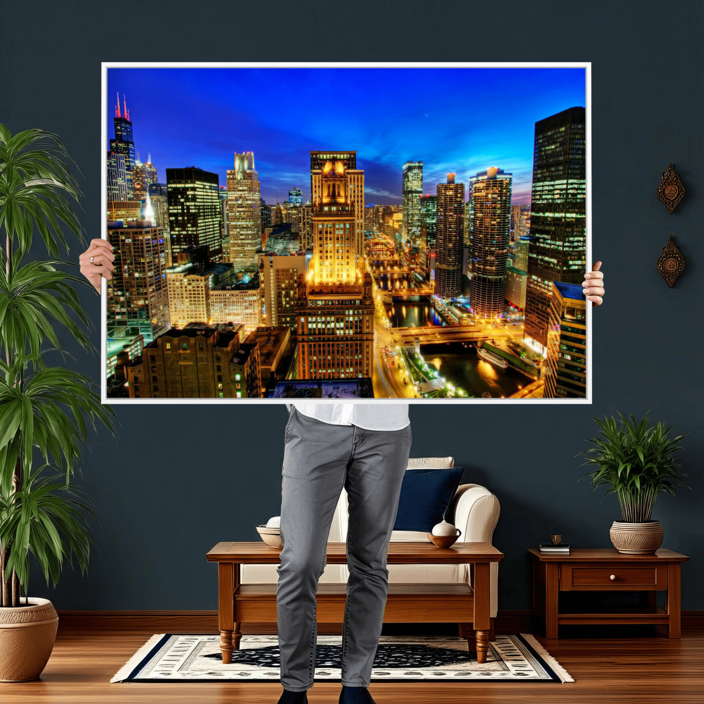 46298885-MGV-CV-36X24 - Chicago Wall Art Canvas Print, Chicago City Downtown Night Cityscape Print for Modern Urban Wall Decor