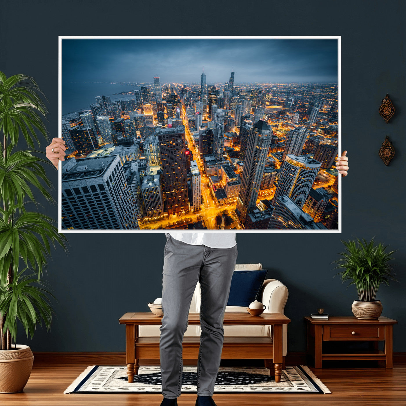 81742538-MGV-CV-36X24 - Chicago Wall Art Canvas Print, Chicago City Downtown Night Cityscape Print for Modern Urban Wall Decor