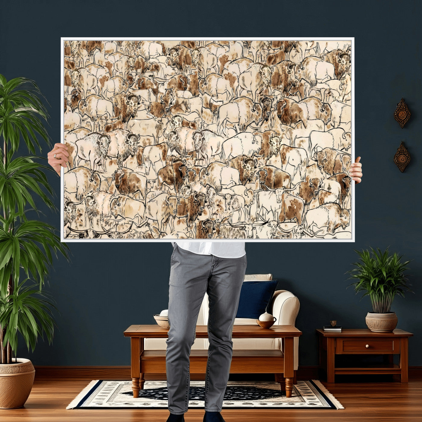 50142019-MGV-CV-36X24 - Farmhouse Animals Wall Art Canvas Print - Abstract Farm Animal Drawing Mid-Century Wall Art for Cabin Decor