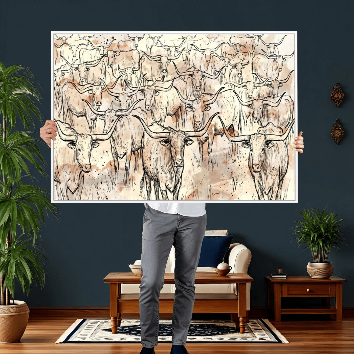 94055403-MGV-CV-36X24 - Farmhouse Animals Wall Art Canvas Print - Abstract Farm Animal Drawing Mid-Century Wall Art for Cabin Decor