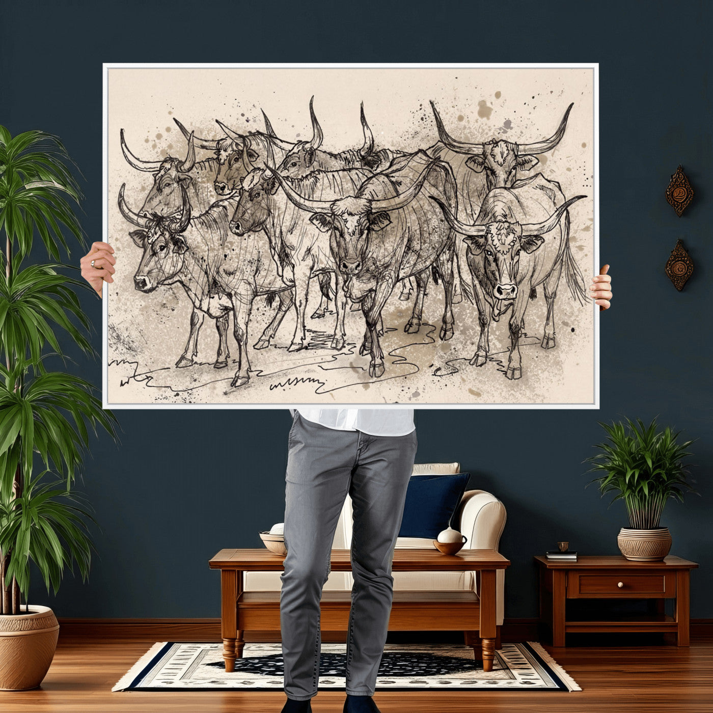 74232558-MGV-CV-36X24 - Farmhouse Animals Wall Art Canvas Print - Abstract Farm Animal Drawing Mid-Century Wall Art for Cabin Decor