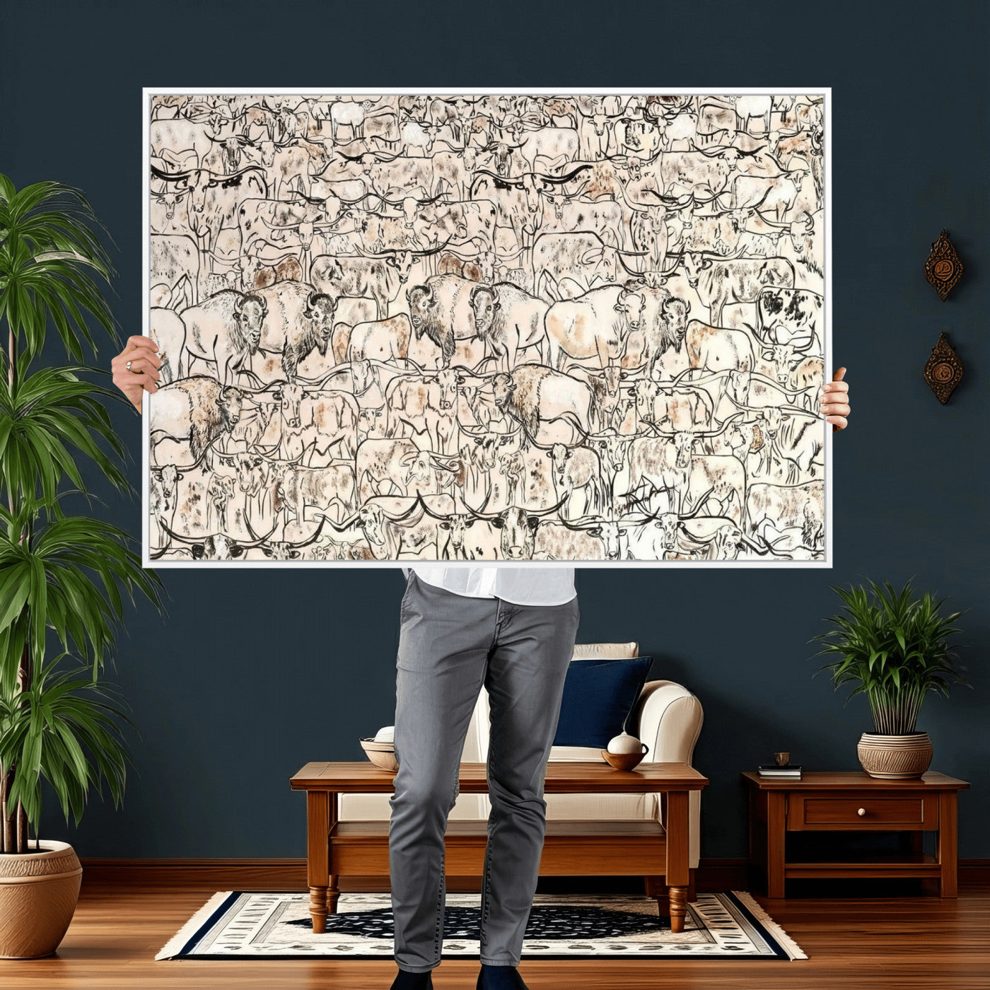 36925875-MGV-CV-36X24 - Farmhouse Animals Wall Art Canvas Print - Abstract Farm Animal Drawing Mid-Century Wall Art for Cabin Decor