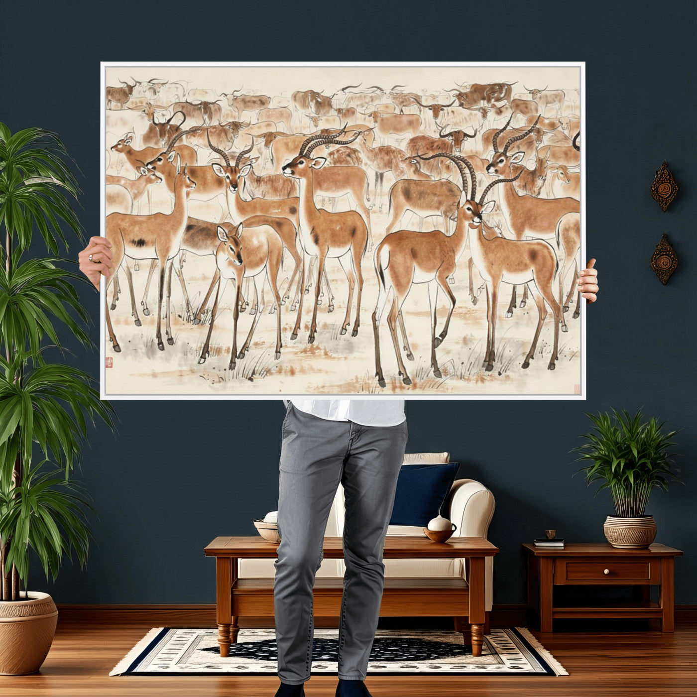 67375088-MGV-CV-36X24 - Farmhouse Animals Wall Art Canvas Print - Abstract Farm Animal Drawing Mid-Century Wall Art for Cabin Decor