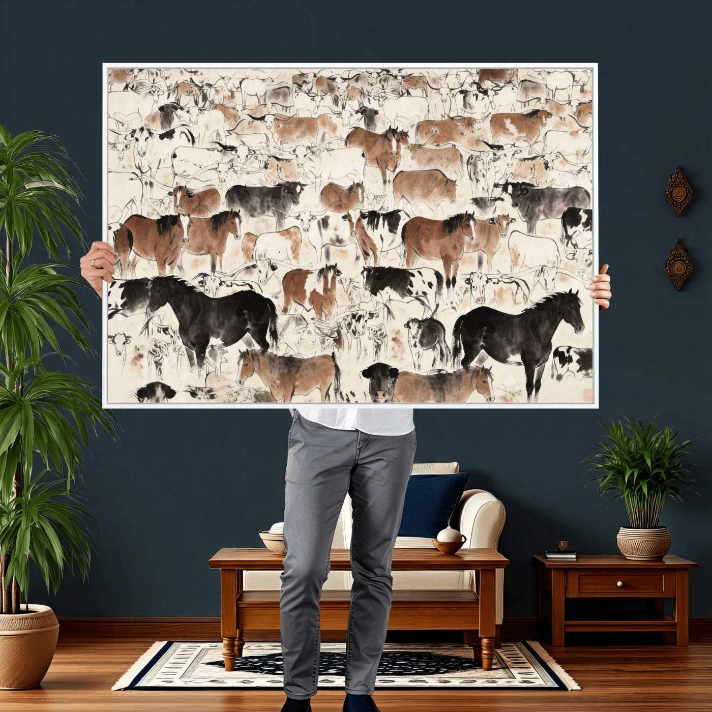 74171578-MGV-CV-36X24 - Farmhouse Animals Wall Art Canvas Print - Abstract Farm Animal Drawing Mid-Century Wall Art for Cabin Decor