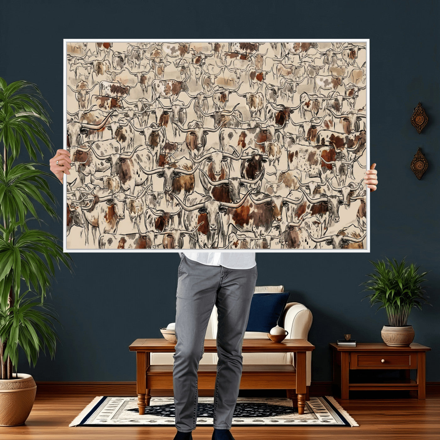 94808502-MGV-CV-36X24 - Farmhouse Animals Wall Art Canvas Print - Abstract Farm Animal Drawing Mid-Century Wall Art for Cabin Decor