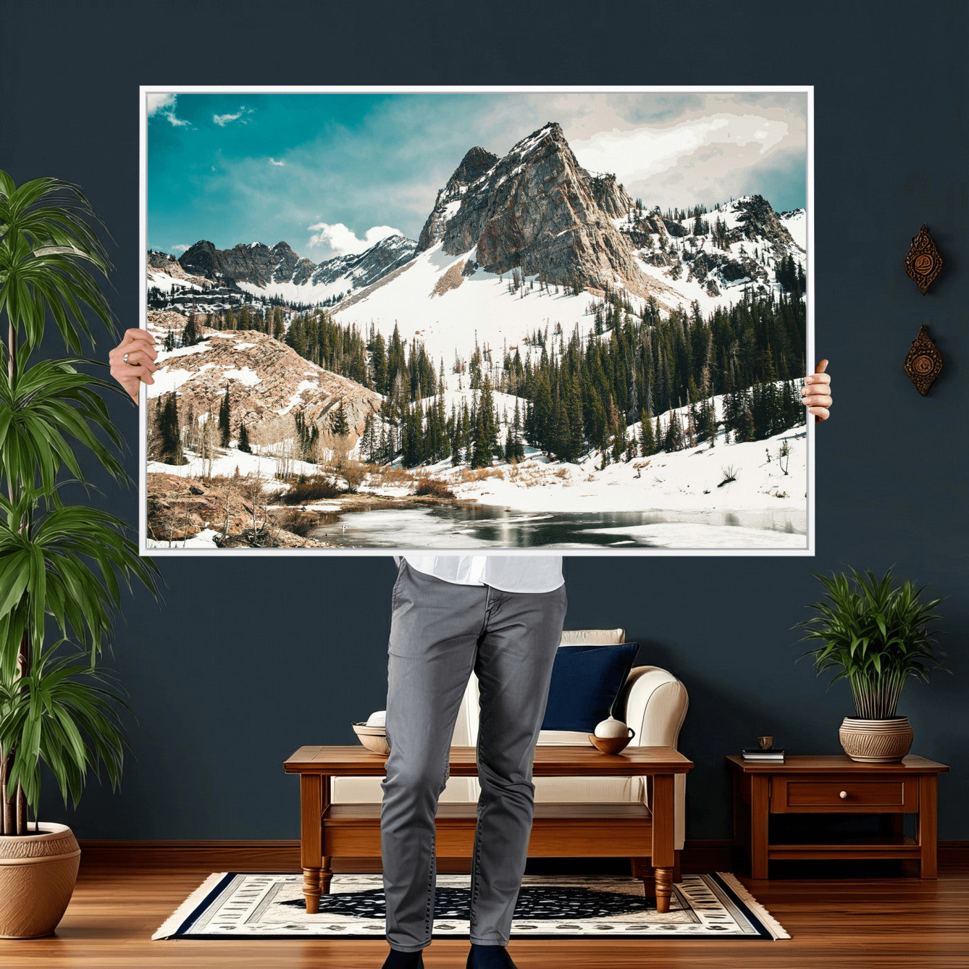 56837070-MGV-CV-36X24 - Snowy Mountain Landscape Wall Art Canvas Print, Alpine Pine Forest Winter Nature Wall Decor for Living Room and Office