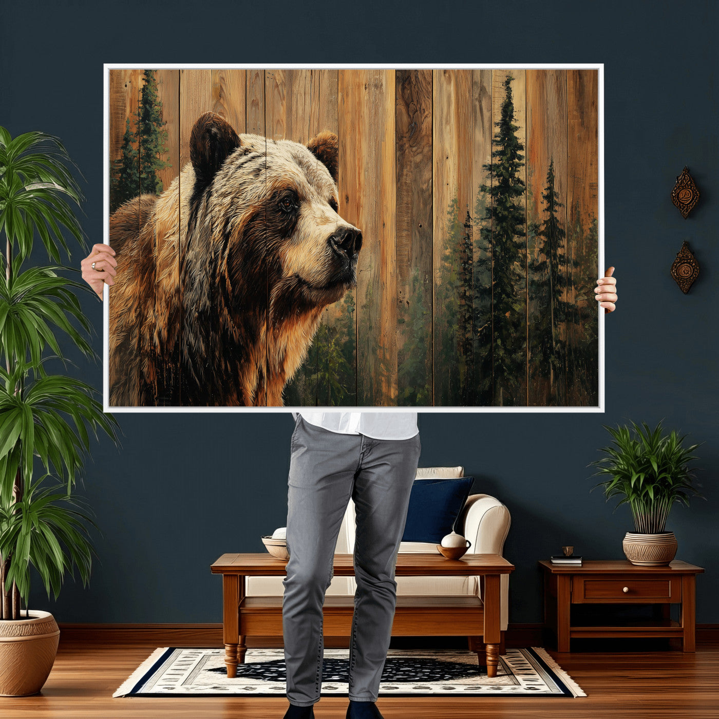 75645180-MGV-CV-36X24 - Grizzly Bear Wall Art Canvas Print, Rustic Wildlife Bear Artwork, Forest Animal Painting, Cabin Lodge Nature Wall Decor