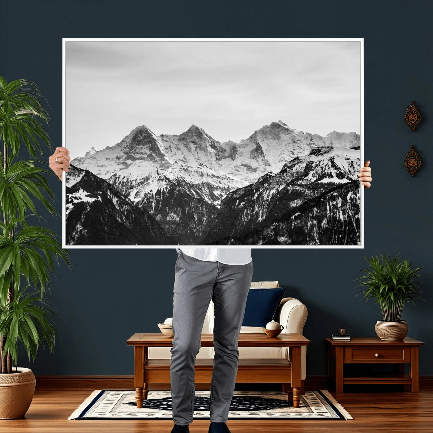 85684934-MGV-CV-36X24 - Black and White Mountain Wall Art Canvas Print, Snowy Alpine Peaks Landscape Photography, Minimal Monochrome Mountain Art, Scenic Nature Wall Decor