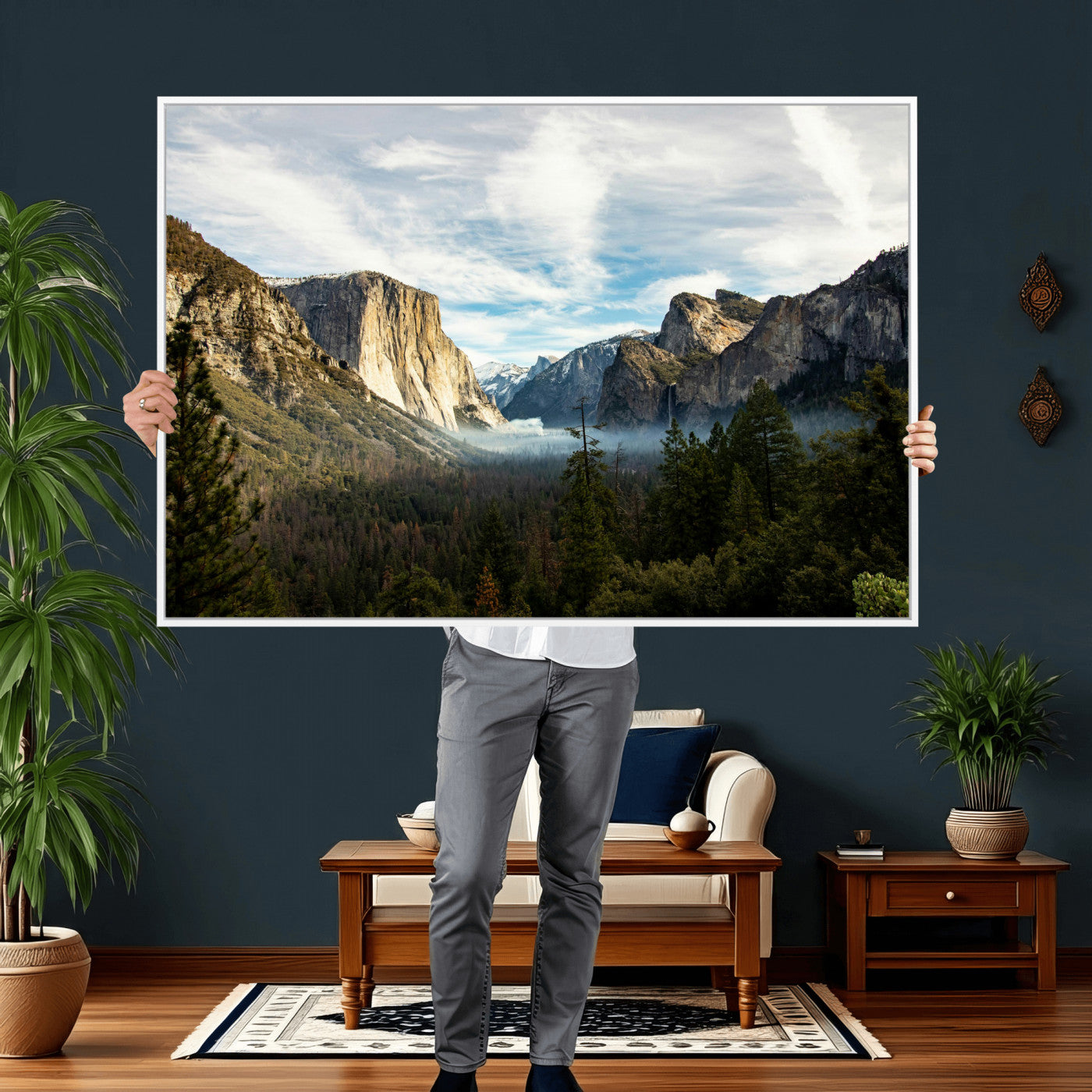 15089394-MGV-CV-36X24 - Yosemite Valley Mountain Landscape Wall Art Canvas Print, Granite Cliff Forest Valley Canvas Print, California National Park Scenic Art Printing