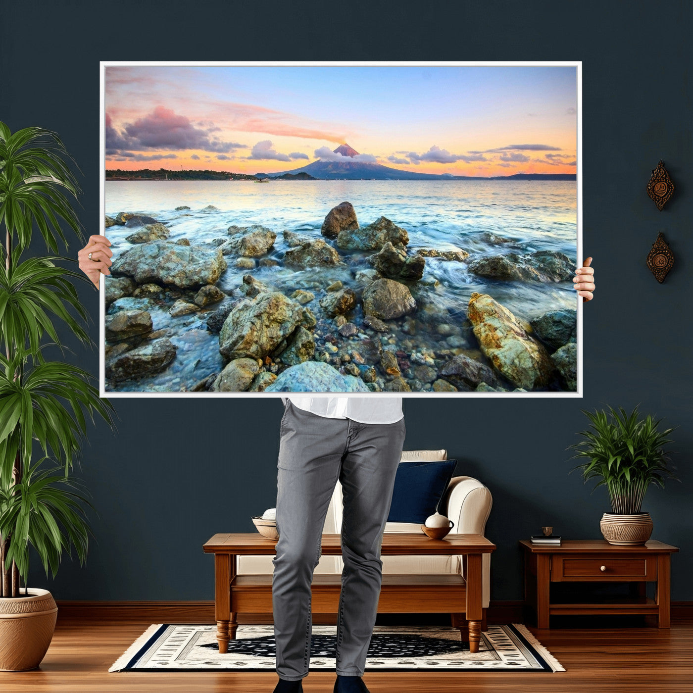 46869511-MGV-CV-36X24 - Mayon Volcano Seascape Landscape Wall Art Canvas Print, Tropical Ocean Shore Mountain Canvas Print, Philippines Coastal Scenic Art Printing