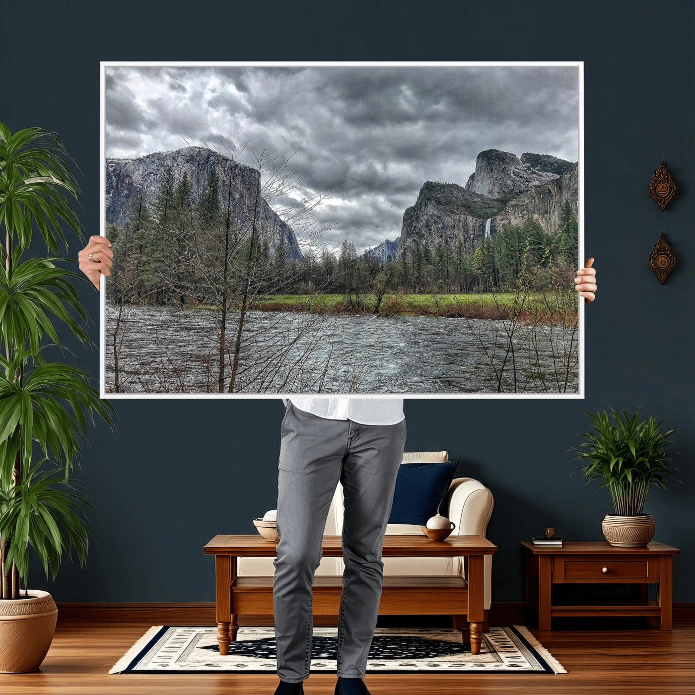 75582552-MGV-CV-36X24 - Yosemite Valley River Landscape Wall Art Canvas Print, Granite Cliffs Forest River Canvas Print, California National Park Moody Scenic Art Printi