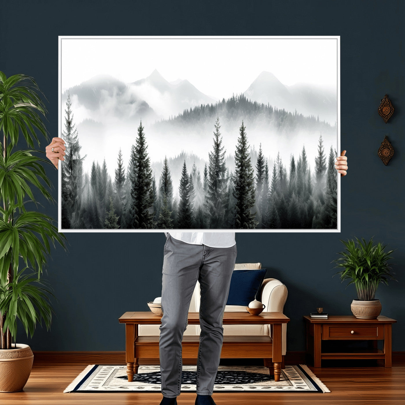 38819032-MGV-CV-36X24 - Misty Pine Forest Mountain Landscape Wall Art Canvas Print, Foggy Evergreen Trees Minimal Nature Canvas Print, Monochrome Wilderness Scenic Art Printing