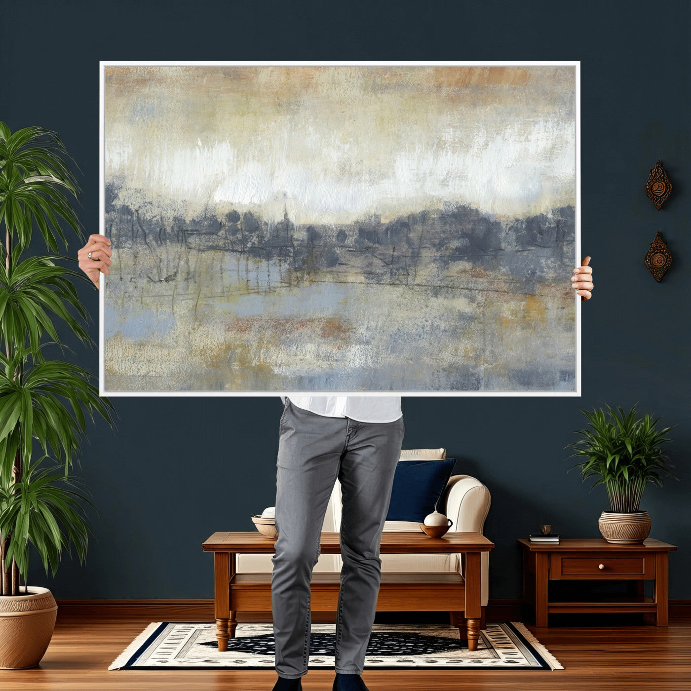 73973590-MGV-CV-36X24 - Abstract Neutral Landscape Painting Wall Art Canvas Print, Modern Minimal Texture Horizon Canvas Print, Beige Gray Contemporary Abstract Art Printing