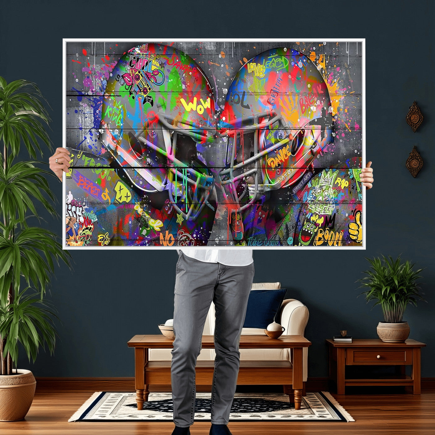 15309853-MGV-CV-36X24 - Graffiti Football Helmets Wall Art Canvas Print, Urban Street Art Sports Decor, Colorful American Football Graffiti Artwork