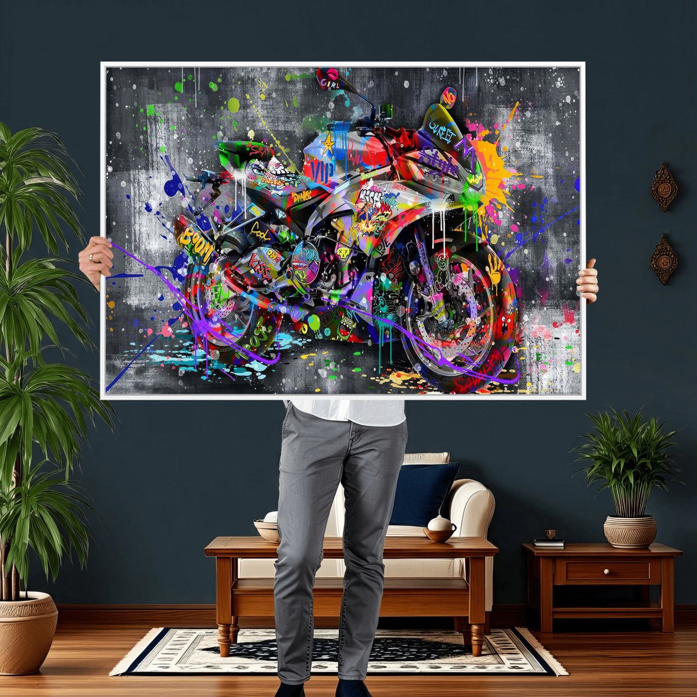 83021767-MGV-CV-36X24 - Graffiti Motorcycle Wall Art Canvas Print, Urban Street Art Motorbike Decor, Colorful Graffiti Sports Bike Artwork