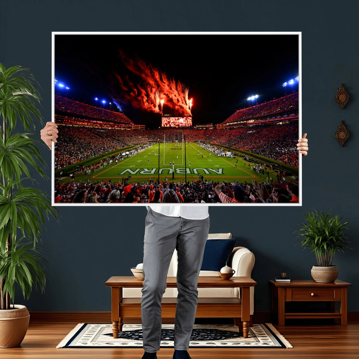 81918884-MGV-CV-36X24 - Auburn Stadium Wall Art Canvas Print, College Football Night Game Crowd, Jordan Hare Stadium Artwork
