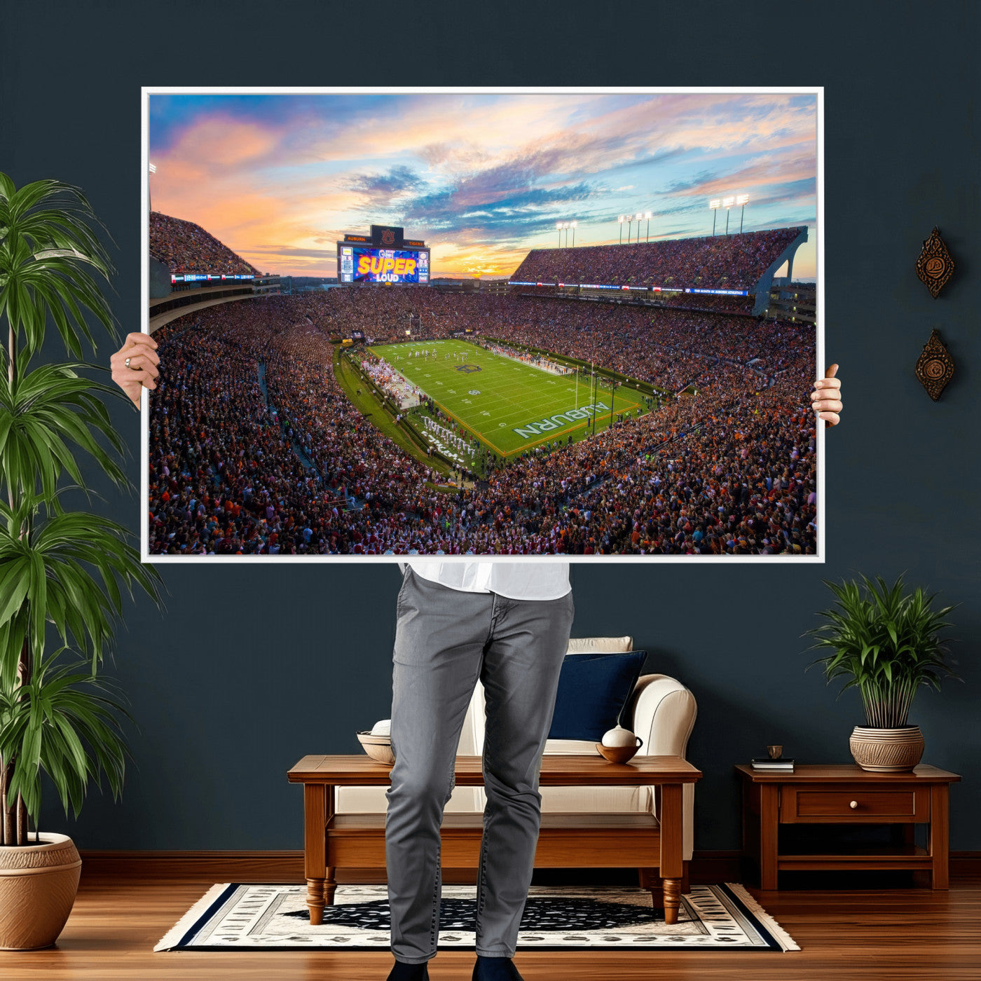 75203764-MGV-CV-36X24 - Auburn Stadium Sunset Wall Art Canvas Print, Jordan Hare Stadium Game Day Crowd, Auburn Tigers Football Artwork