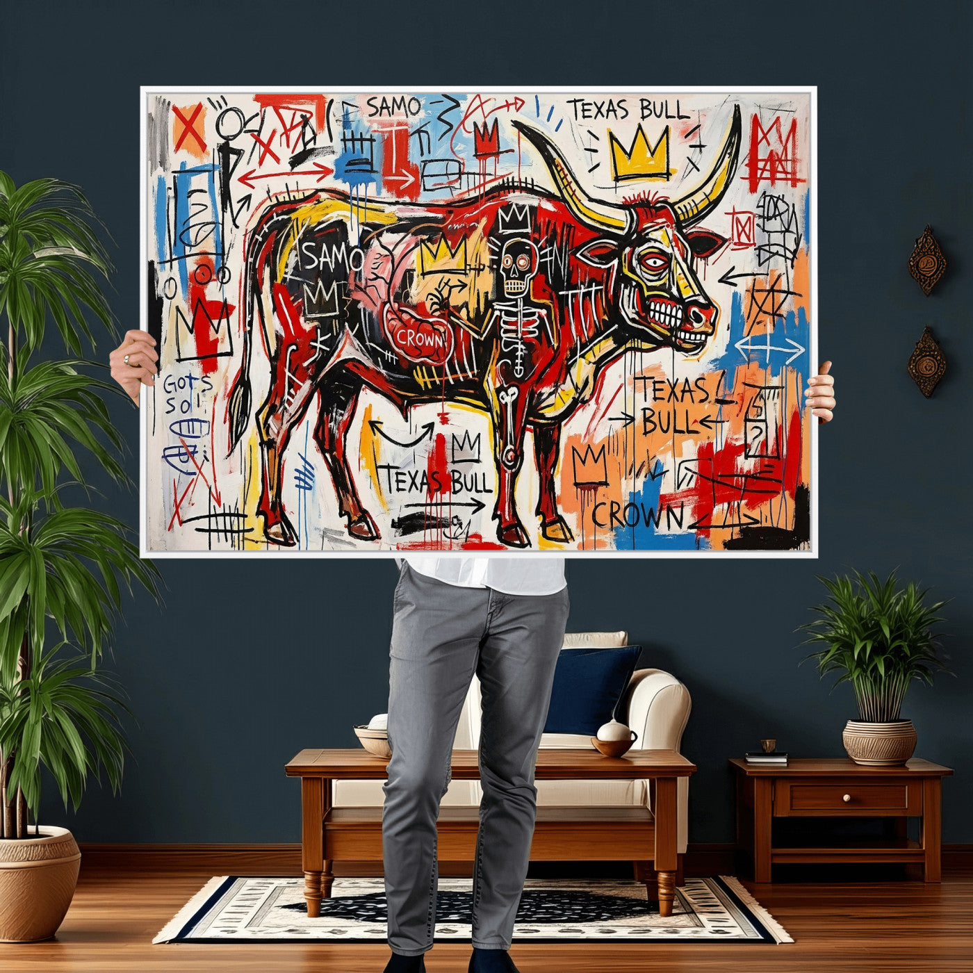 89504579-MGV-CV-36X24 - TITLE: Texas Bull Wall Art Canvas Print, Abstract Graffiti Bull Painting, Western Animal Art, Modern Ranch Decor