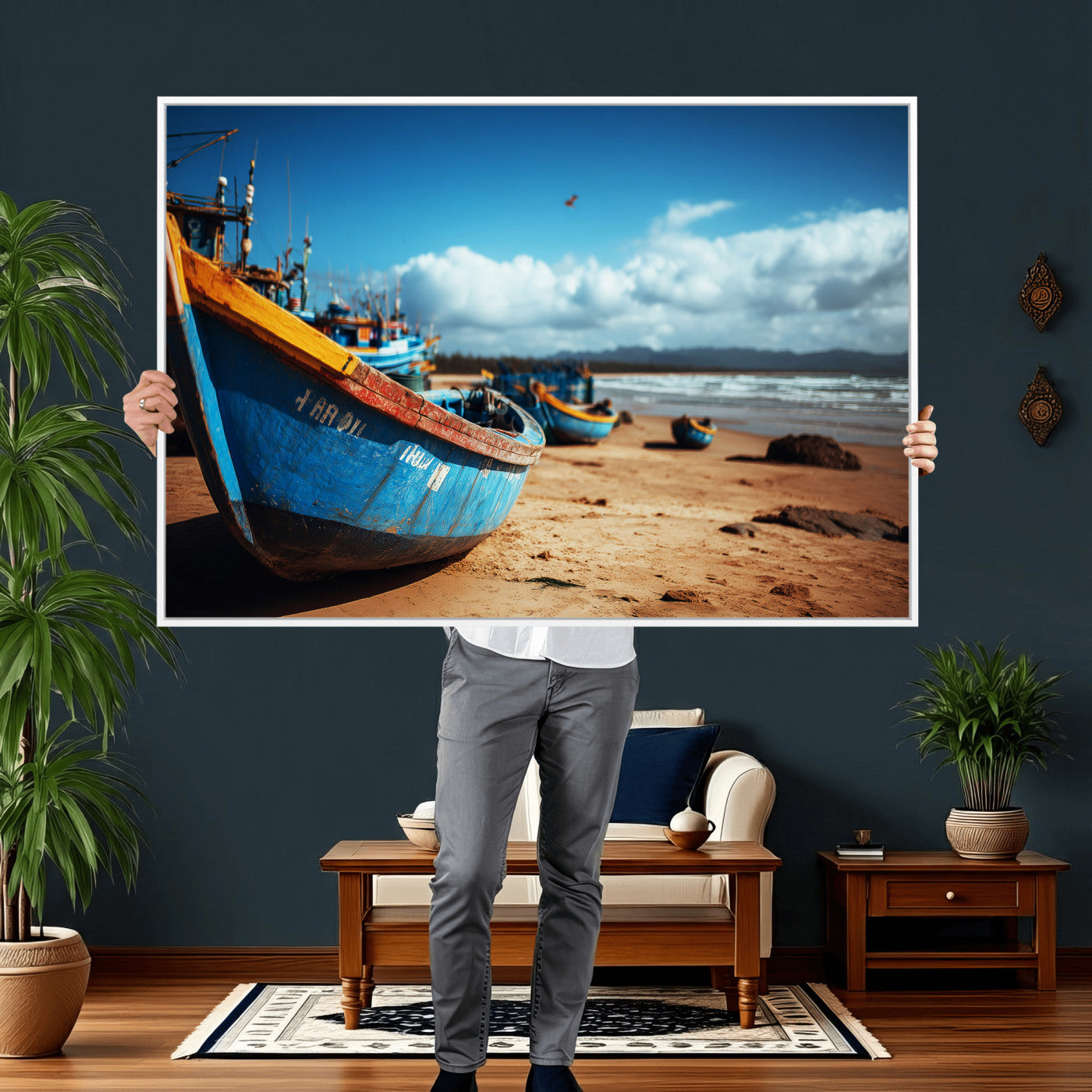 70925201-MGV-CV-36X24 - Fishing Boats Wall Art Canvas Print, Coastal Boat Beach Scene, Nautical Seaside Artwork, Ocean Shore Decor, Coastal Home Wall Art