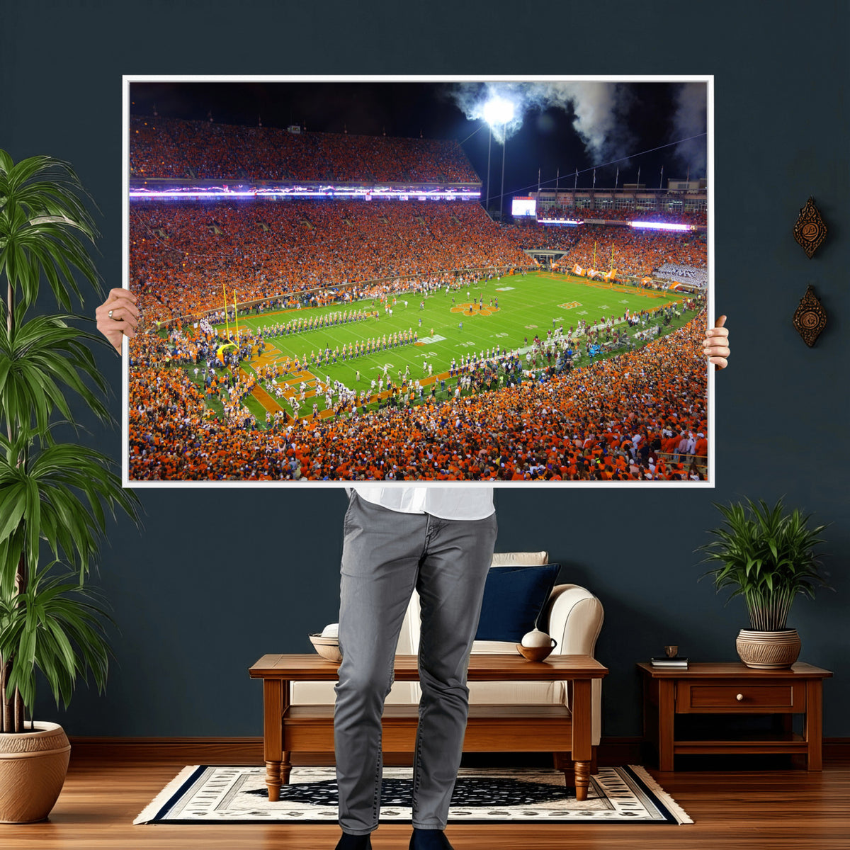 43662631-MGV-CV-36X24 - Clemson Football Stadium Wall Art Canvas Print, College Football Crowd Night Game Scene, Orange Stadium Panorama Wall Decor