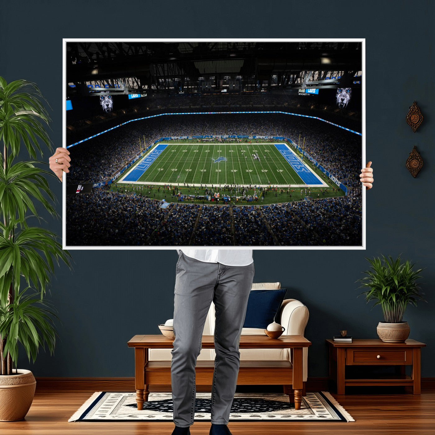 16709602-MGV-CV-36X24 - Detroit Lions Stadium Wall Art Canvas Print, Football Field Panorama Artwork, NFL Game Night Stadium Decor