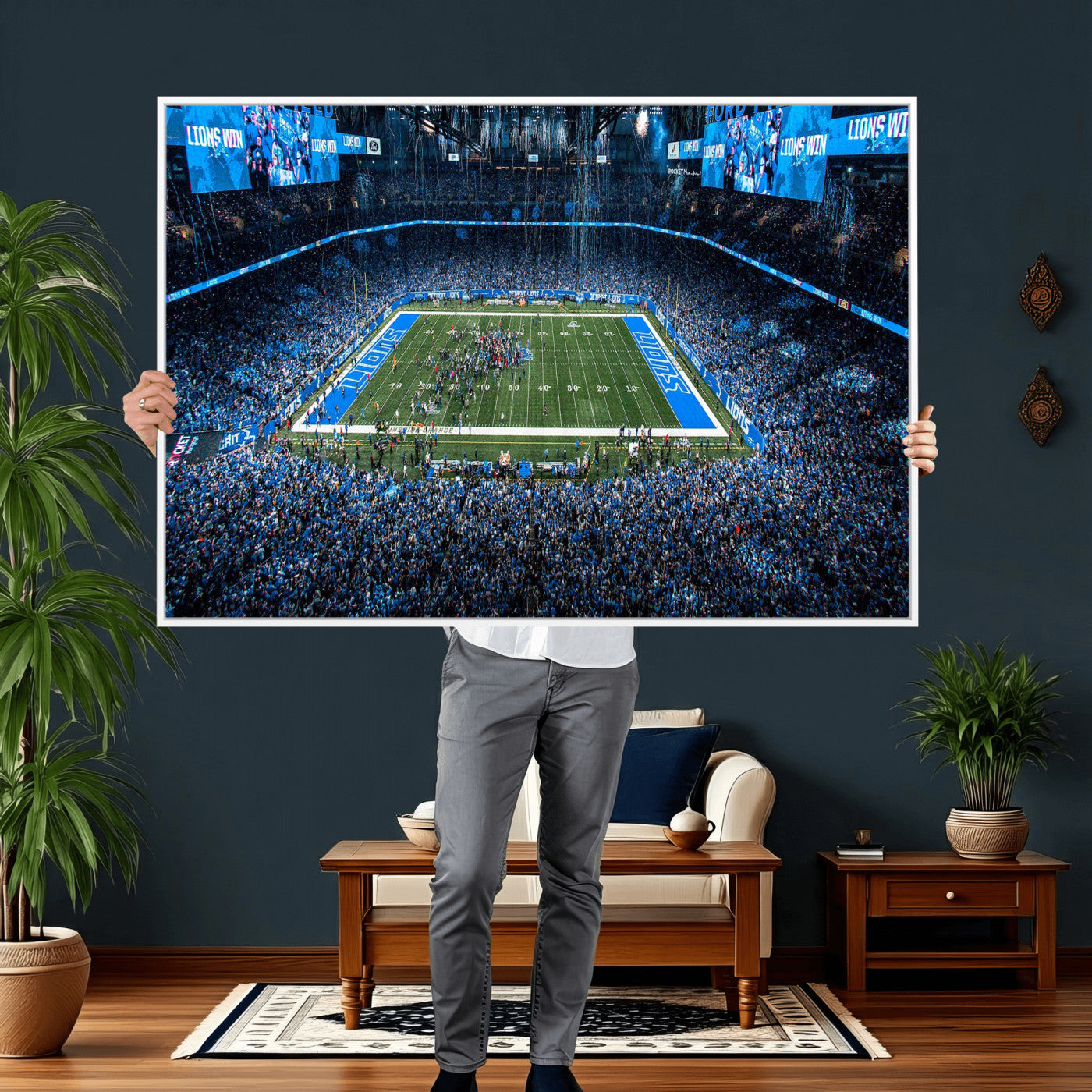 80882005-MGV-CV-36X24 - Detroit Lions Stadium Wall Art Canvas Print, Football Field Panorama Artwork, NFL Game Night Stadium Decor