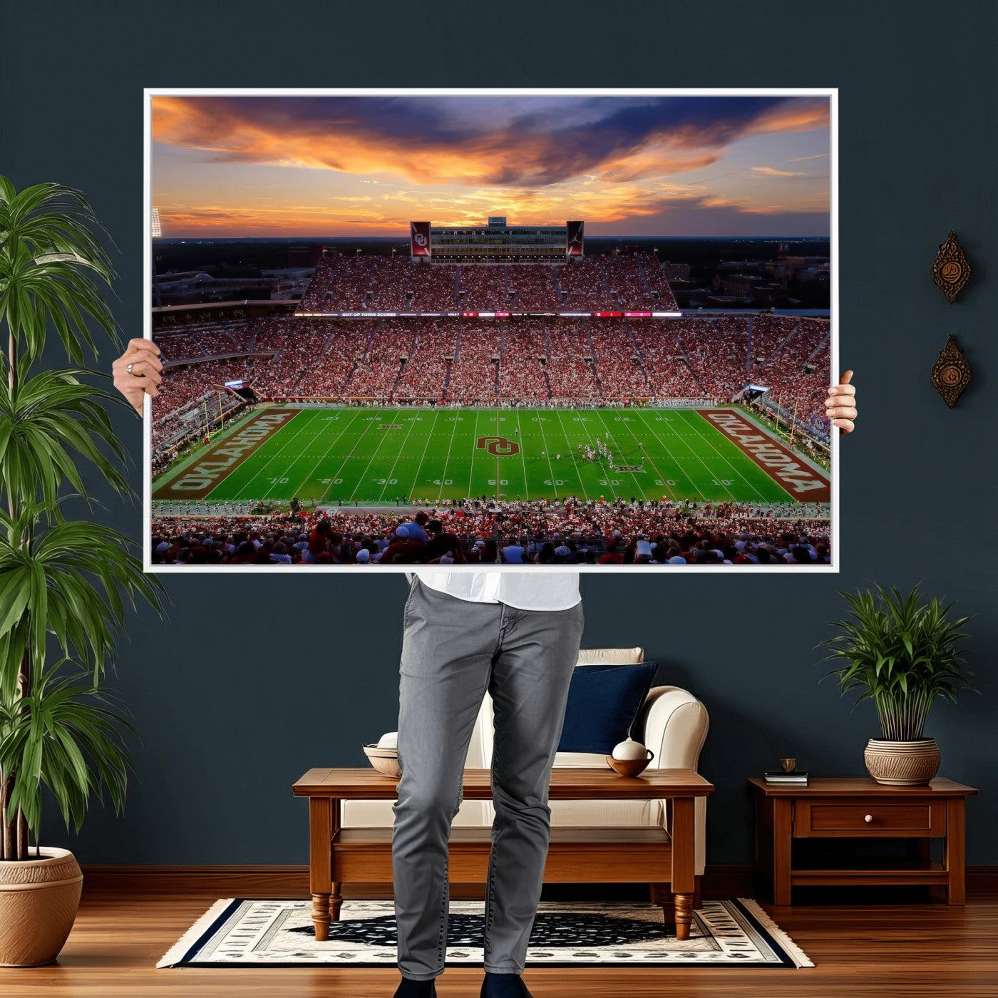 51457497-MGV-CV-36X24 - Oklahoma Sooners Stadium Wall Art Canvas Print, College Football Sunset Game Scene, OU Football Field Panorama Wall Decor