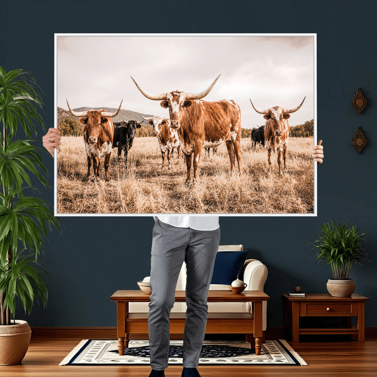 27539727-MGV-CV-36X24 - Texas Longhorn Cattle Wall Art Canvas Print, Sepia Western Decor