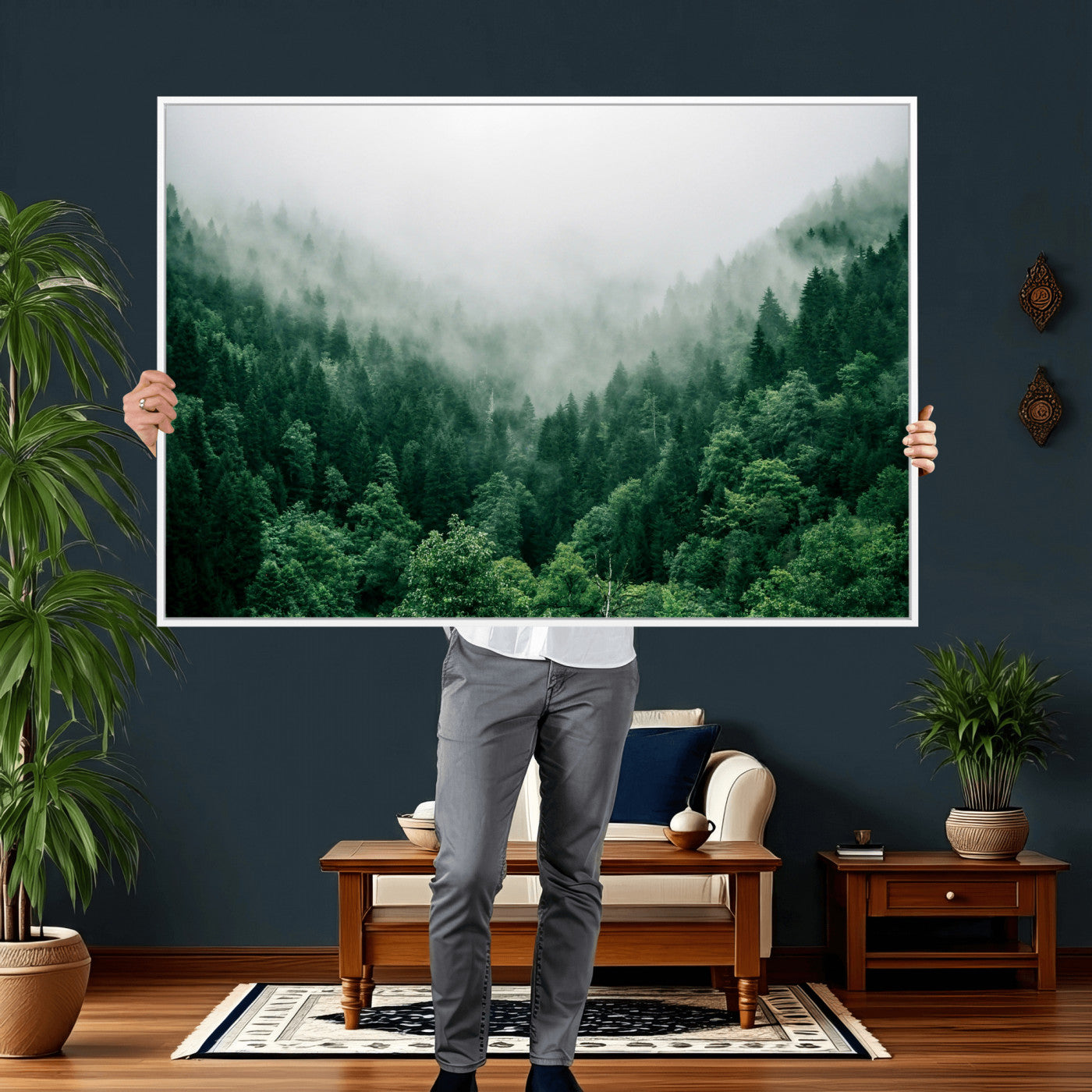 61640815-MGV-CV-36X24 - Misty Pine Forest Wall Art Canvas Print, Foggy Evergreen Landscape Wall Decor, Moody Green Nature Artwork, Minimal Forest Canvas Wall Art, Framed Canvas Wall Art Ready to Hang