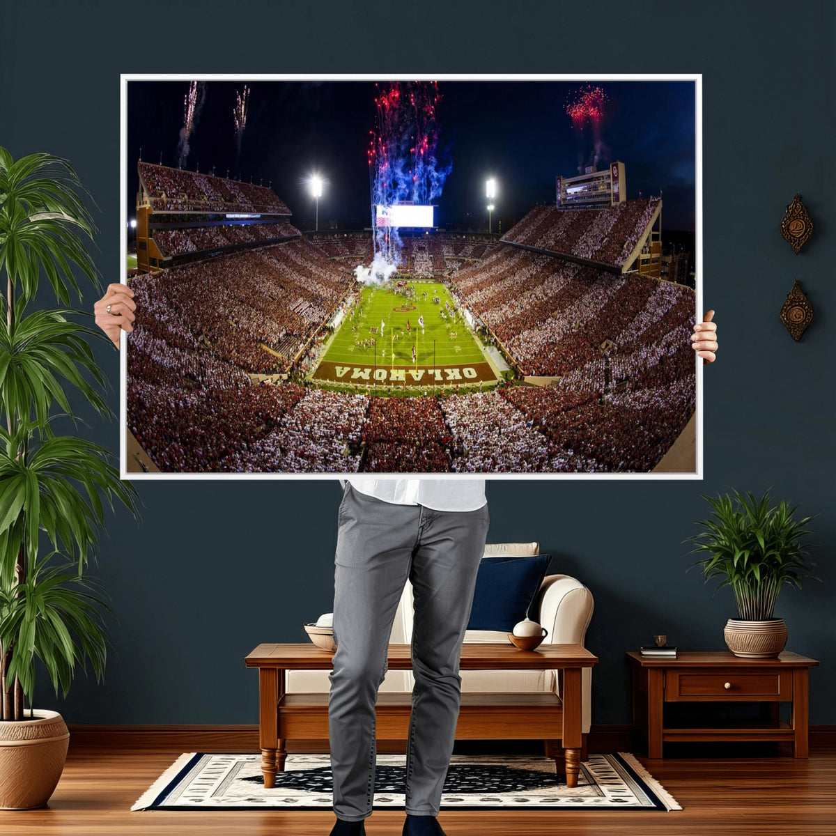 43197777-MGV-CV-36X24 - Oklahoma Memorial Stadium Wall Art Canvas Print – Oklahoma Sooners Football Artwork for Home, Office, and Sports Room Decor