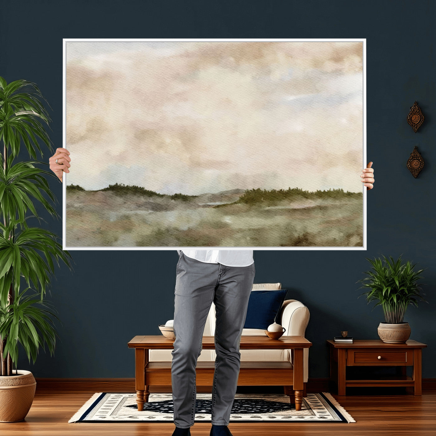 13578069-MGV-CV-36X24 - Abstract Landscape Wall Art Canvas Print, Watercolor Pastoral Landscape Painting Wall Decor for Modern Farmhouse Interiors