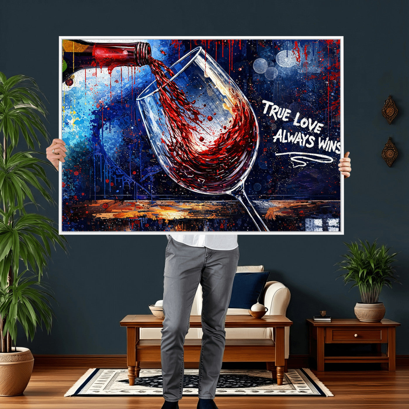88788932-MGV-CV-36X24 - Red Wine Splash Abstract Wall Art Canvas Print, Modern Wine Glass Painting Canvas Print, Romantic Quote Contemporary Bar Art Print