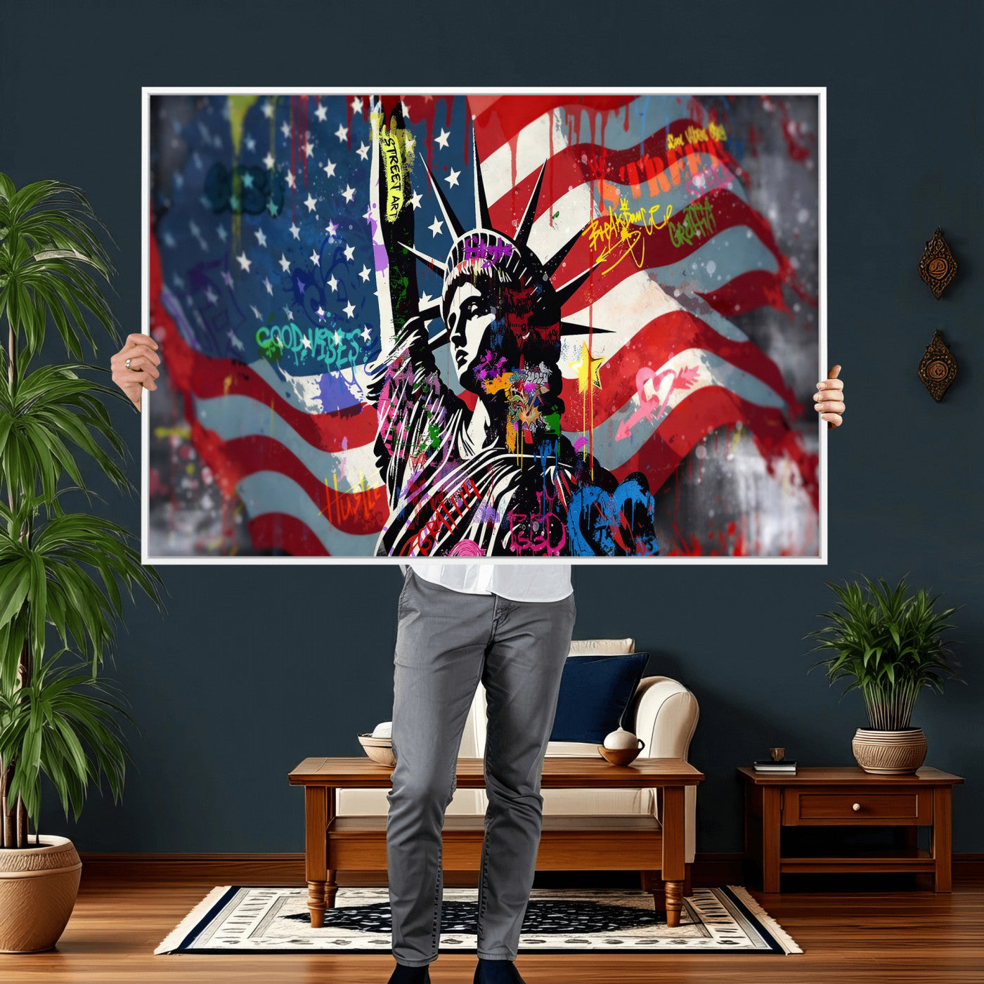 32151941-MGV-CV-36X24 - USA Statue of Liberty Graffiti Street Art Wall Art Canvas Print, American Flag Urban Pop Art Canvas Print, Modern Patriotic Street Art Contemporary Art Printing