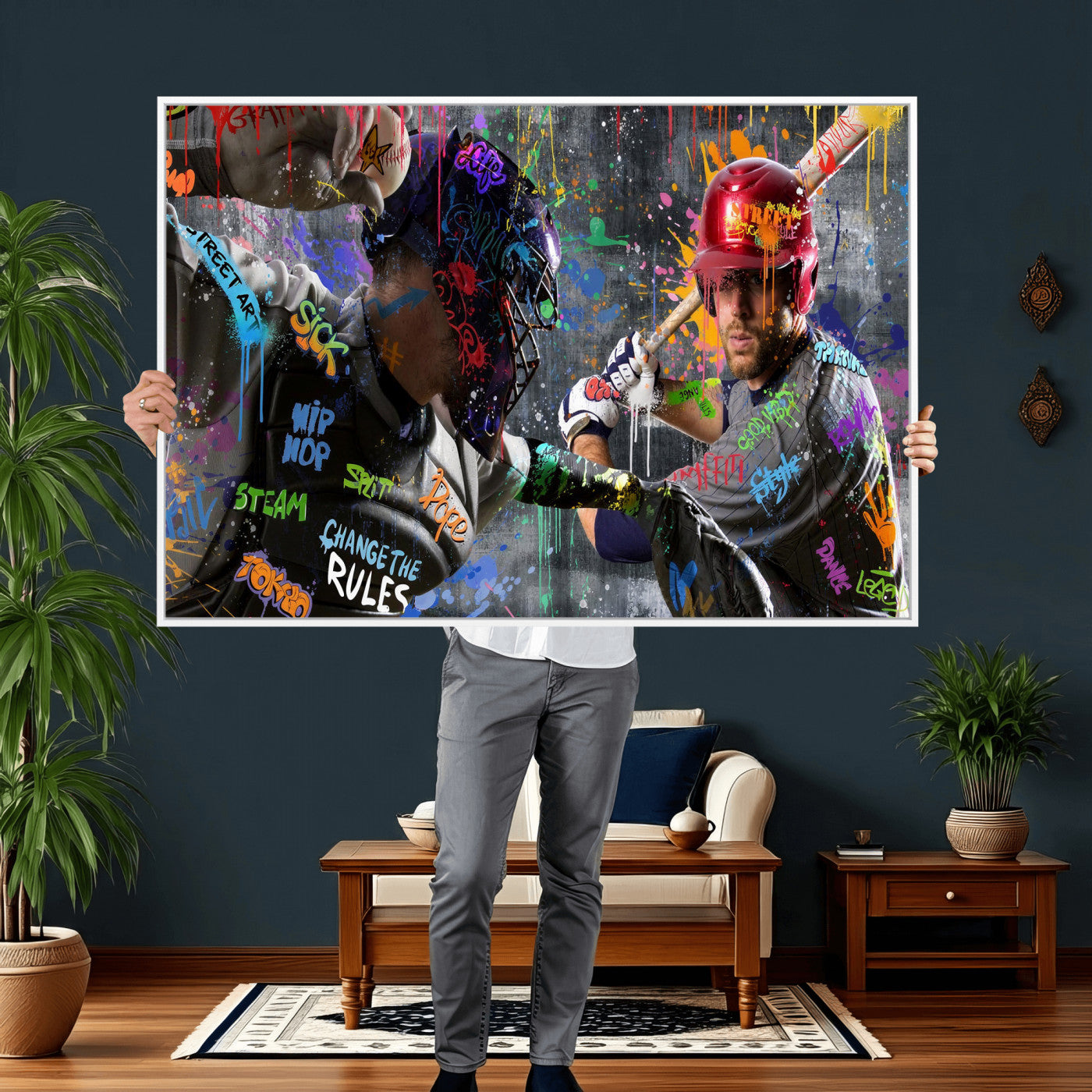 19634994-MGV-CV-36X24 - Graffiti Baseball Player Street Art Wall Art Canvas Print, Urban Sports Pop Art Baseball Canvas Print, Modern Athletic Graffiti Contemporary Art Printing