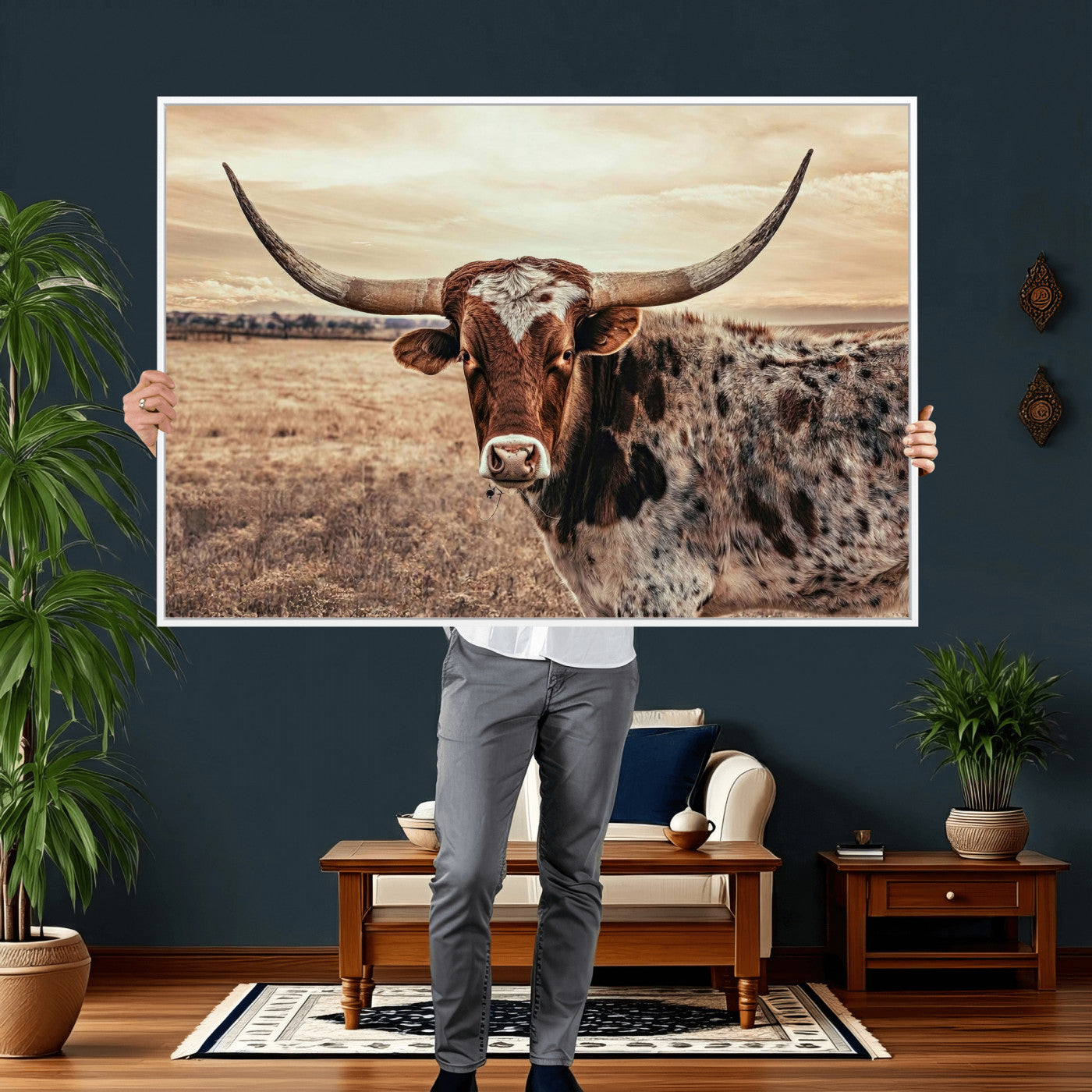 55805825-MGV-CV-36X24 - Texas Longhorn Wall Art Canvas Print – Western Cattle Ranch Artwork for Rustic Farmhouse Decor