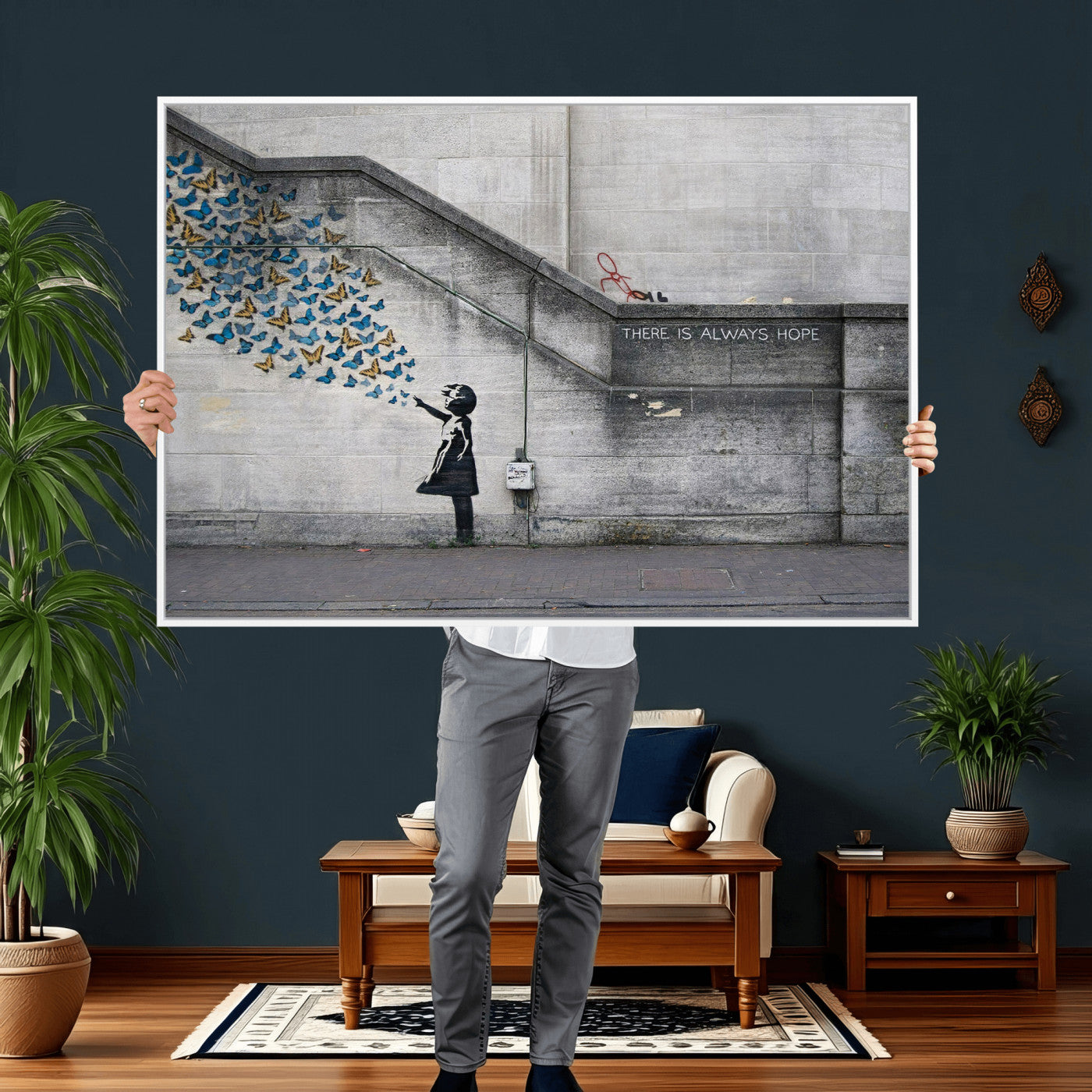 15274223-MGV-CV-36X24 - Banksy Girl with Butterflies Street Art Wall Art Canvas Print, Hope Graffiti Urban Art Canvas Print, Minimalist Inspirational Street Art Contemporary Art Printing