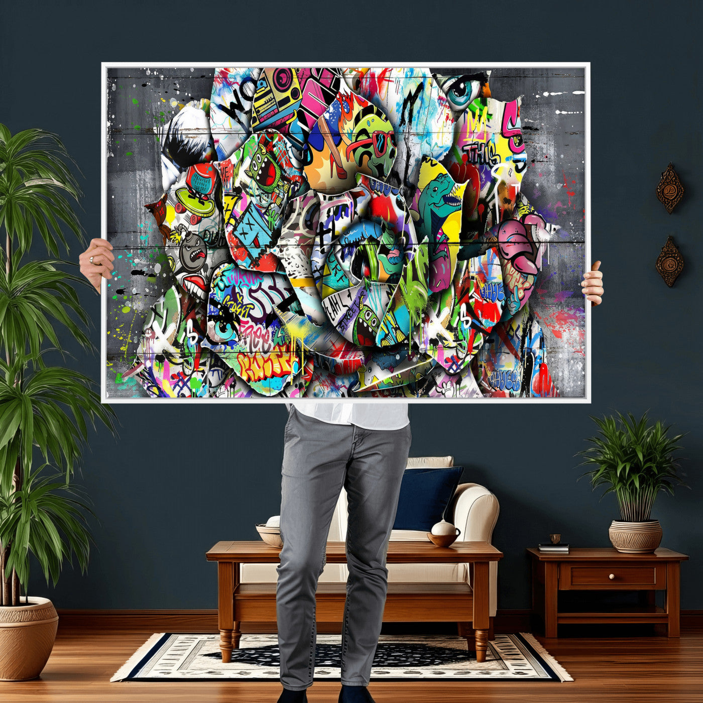 77553344-MGV-CV-36X24 - Abstract Graffiti Collage Street Art Wall Art Canvas Print, Colorful Urban Pop Art Canvas Print, Modern Graffiti Patchwork Contemporary Art Printing