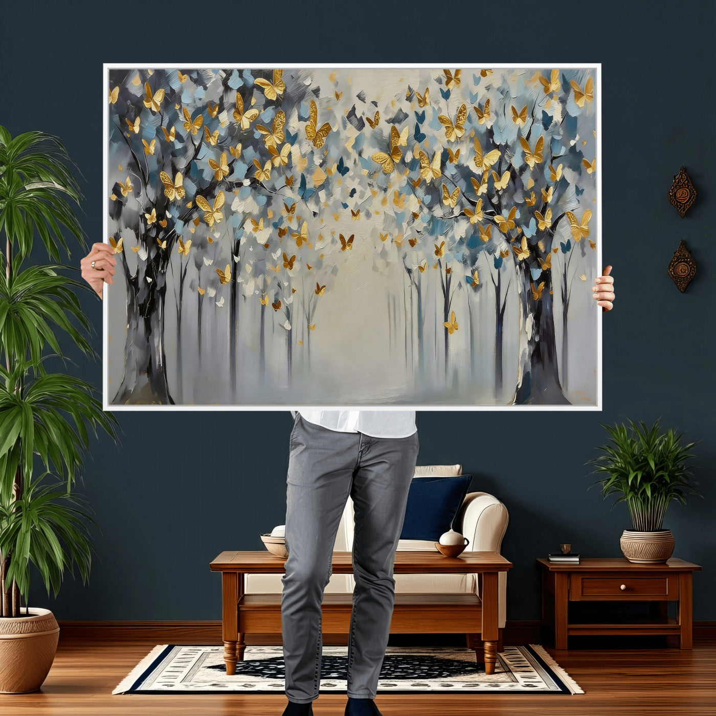 79208191-MGV-CV-36X24 - Golden Butterfly Tree Abstract Wall Art Canvas Print, Modern Elegant Nature Painting Canvas Print, Blue Gold Contemporary Floral Art Printing