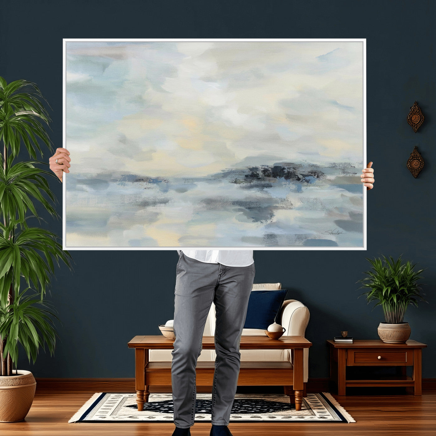 24647355-MGV-CV-36X24 - Abstract Coastal Landscape Wall Art Canvas Print – Soft Blue Gray Minimalist Painting