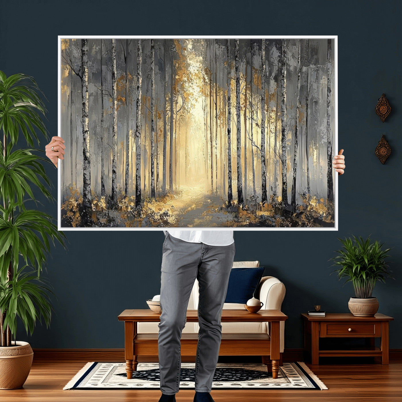 41017042-MGV-CV-36X24 - Abstract Birch Forest Wall Art Canvas Print – Modern Neutral Woodland Landscape Artwork for Living Room Decor