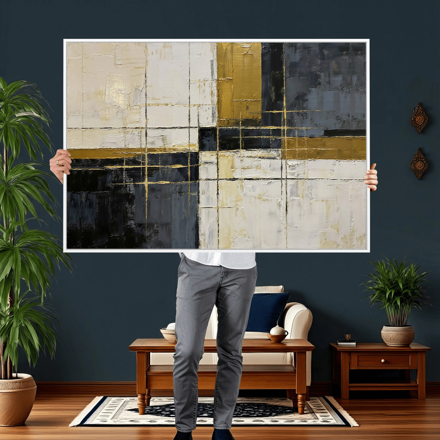 36097945-MGV-CV-36X24 - Abstract Gold and Black Wall Art Canvas Print – Modern Geometric Neutral Artwork for Living Room Decor
