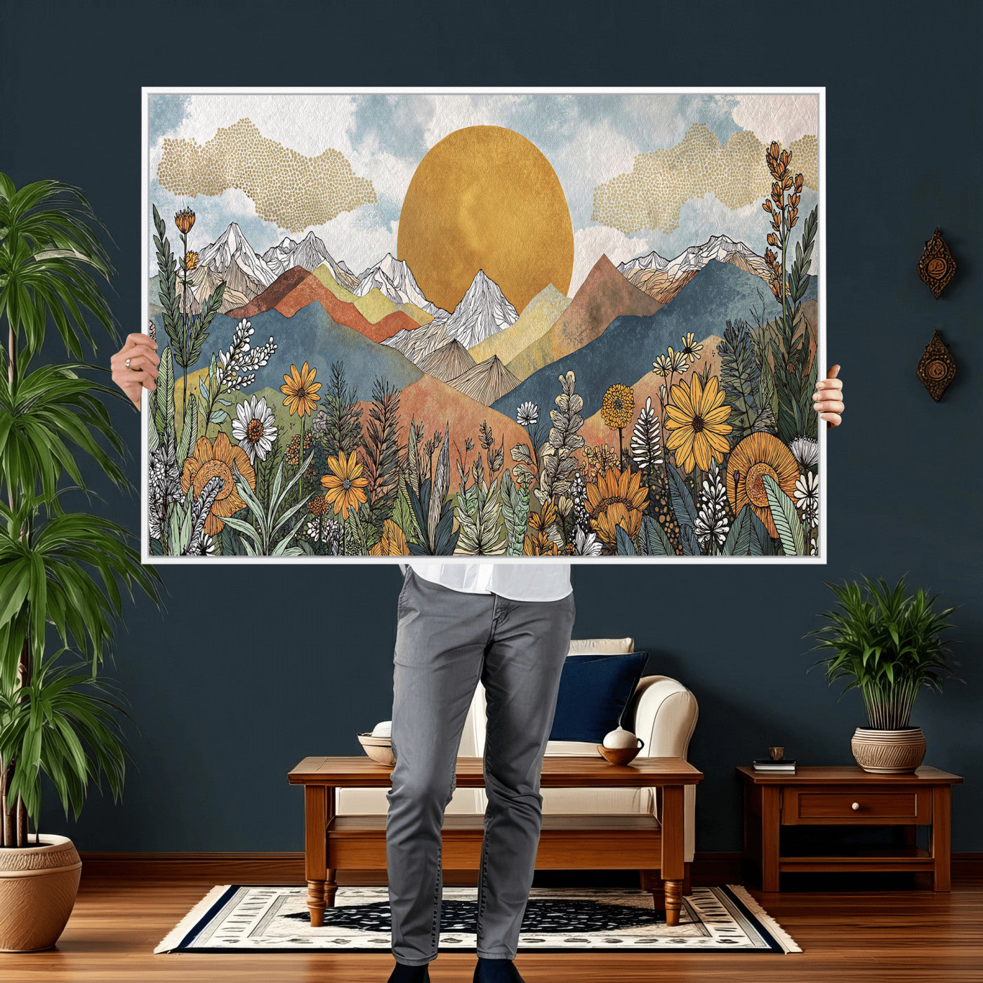 17540863-MGV-CV-36X24 - Boho Mountain Landscape Large Wall Art, Horizontal Gold Framed Canvas Print with Sun and Flowers