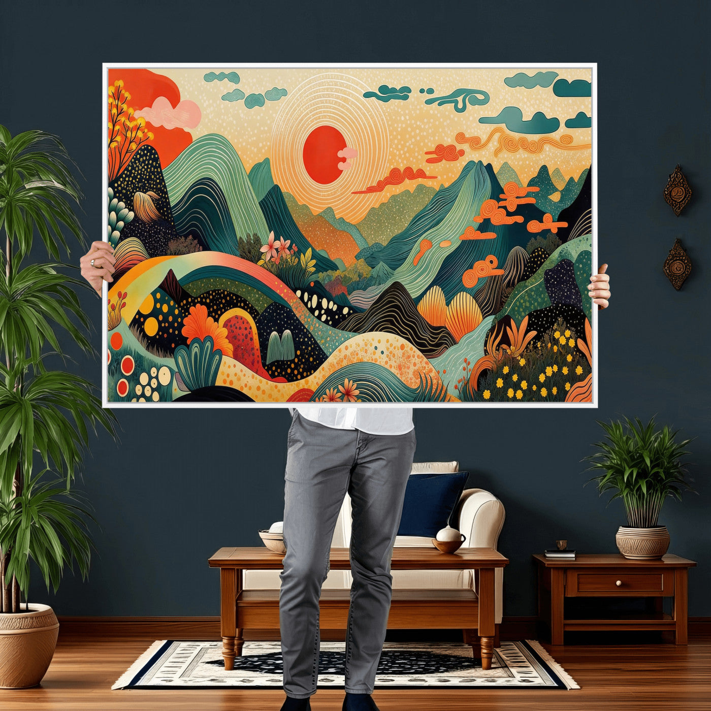 29927191-MGV-CV-36X24 - Yayoi Kusama Boho Mountain Landscape Large Wall Art, Horizontal Gold Framed Canvas Print with Sun and Flowers