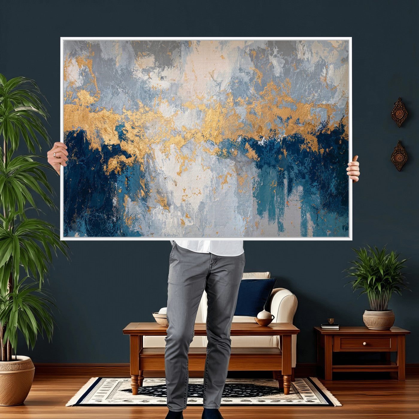 65386119-MGV-CV-36X24 - Blue Gold Abstract Large Framed Canvas Wall Art, Modern Luxury Painting Print in Horizontal Oversized Minimal Wall Decor Artwork